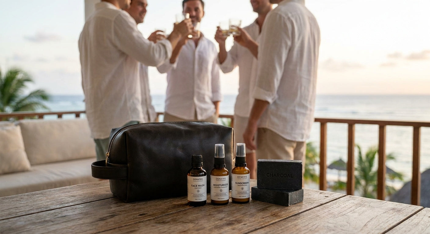 Skincare set for men attending a destination bachelor party