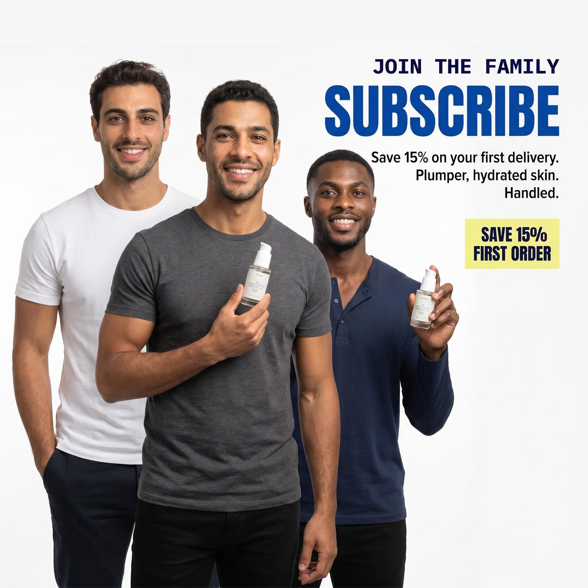 Three men holding Double Hydration Boost Gel promotional product, smiling with hydration message.
