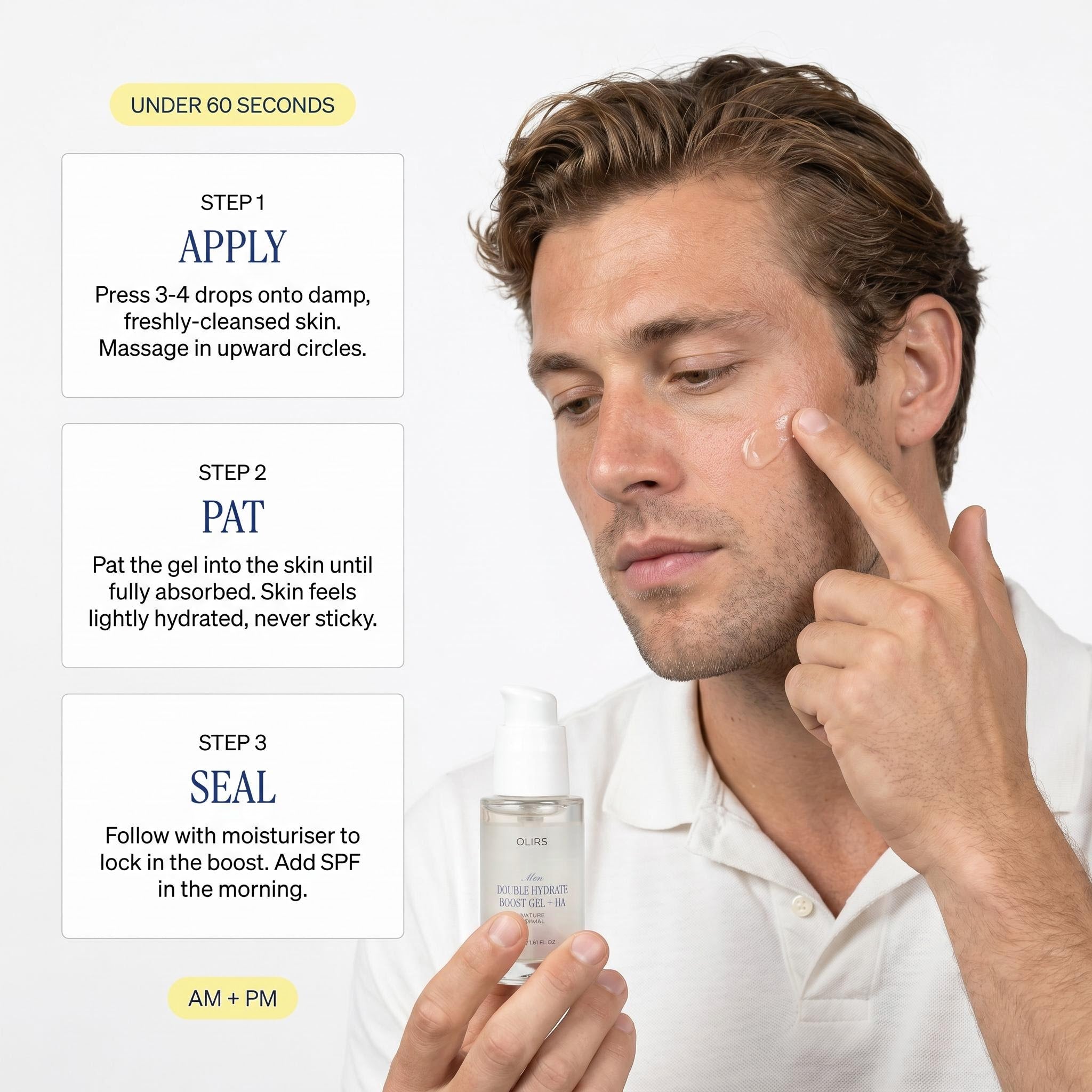 Man applying Double Hydration Boost Gel on his face following skincare steps for hydration.